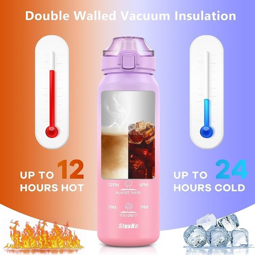 SLUXKE 316 Stainless Steel Insulated Water Bottle 32oz with Handle, 1L Double Wall Insulated Bottle with Time Marker BPA Free, 1000ml Metal Water Flask for Outdoor Working School PURPLE PINK