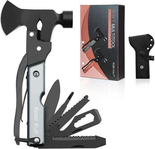 Camping Gear Multitool, Cool & Unique Birthday Gifts for Men Dad Husband Boyfriend, 18-in-1 Survival Gear for Outdoor Hunting Hiking, Emergency Escape Tool with Axe,Hammer,Plier,Knife,Bottle Opener