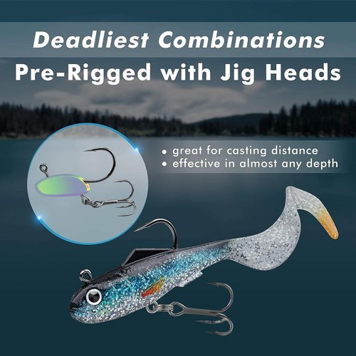 GOTOUR Pre-Rigged Soft Fishing Lures, Curly Tail Swimbait Lures for Bass Fishing, Lifelike Soft Tadpole Swimbait with Spinner for Crappie Trout Bait, All Season Freshwater Swim Baits for Warriors