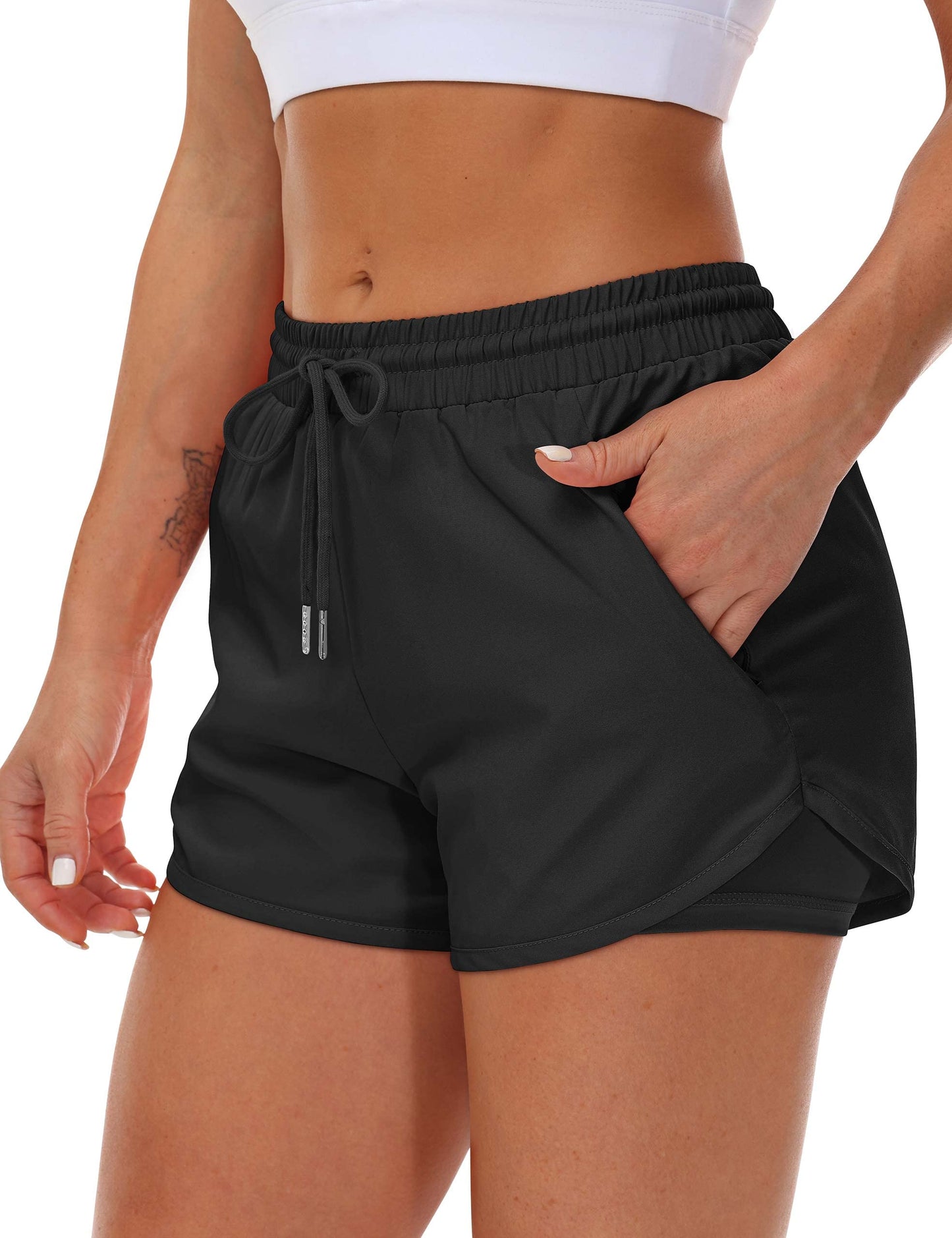 Mancreda Women's Running Shorts with Liner 3 Zipper Pockets Elastic Workout Athletic Gym Yoga Shorts(BK,S) Black