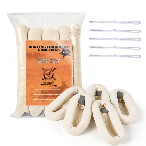 Qiullen 5-Pack Cotton Game Bags for Hunting - Breathable Meat Storage Bags for Elk, Deer, Caribou & Moose | Reusable, Washable with Reflective Strips & Ropes |4x48 + 1x28