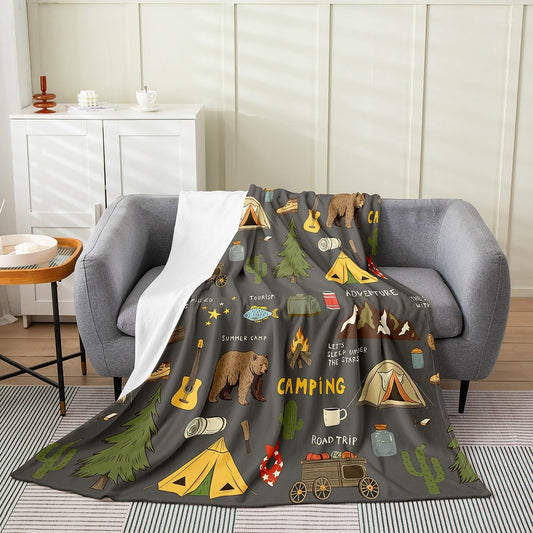 Happy Camping Throw Blanket For Kids, Hunting Bear And Pike Fish Fleece Blanket, Camper Accessories Flannel Blanket, Travel Car Hiking Theme Sherpa Blanket, Guitar Camera Plush Blanket, Twin Black