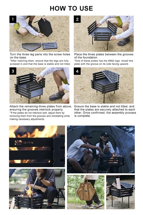 WAQ Bonfire Stand - Yagura - Wood-Burning Iron Stylish Compact Design with Grate Camp Bonfire Stand Folding Campfire Solo Family Camping
