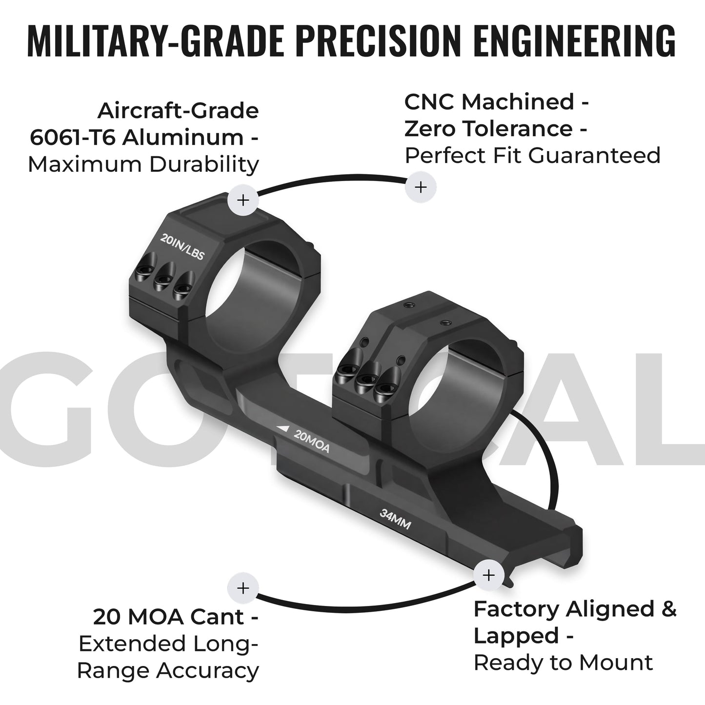 Gotical Tactical 34mm Tube 20MOA One Piece Ring Mount w/10:30, 12 o'clock, 1:30 Top Optic RMR Mount Plate, 1.57" Central Height, for 20mm Picatinny Rail