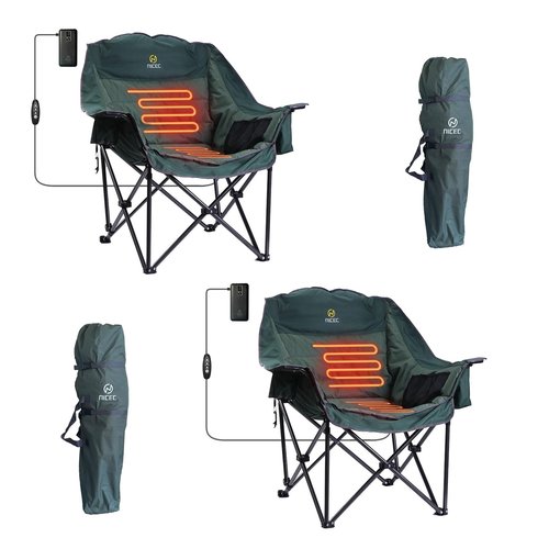 Nice C Heated Camping Chairs with Battery, Outdoor Heated Sports Chair, Oversized XL Padded Camping Chair, Wide&Thick, Heavy Duty 400lb, Carry Bag, Cup Holder & Cooler (Two Green)
