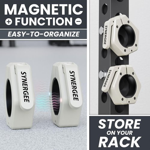 Synergee Gray Magnetic Barbell Collars – Locking 2" Olympic Size Weight Clamps - Quick Release Collar Clips – Bar Clamps Great for Crossfit Olympic Lifts and Strength Training