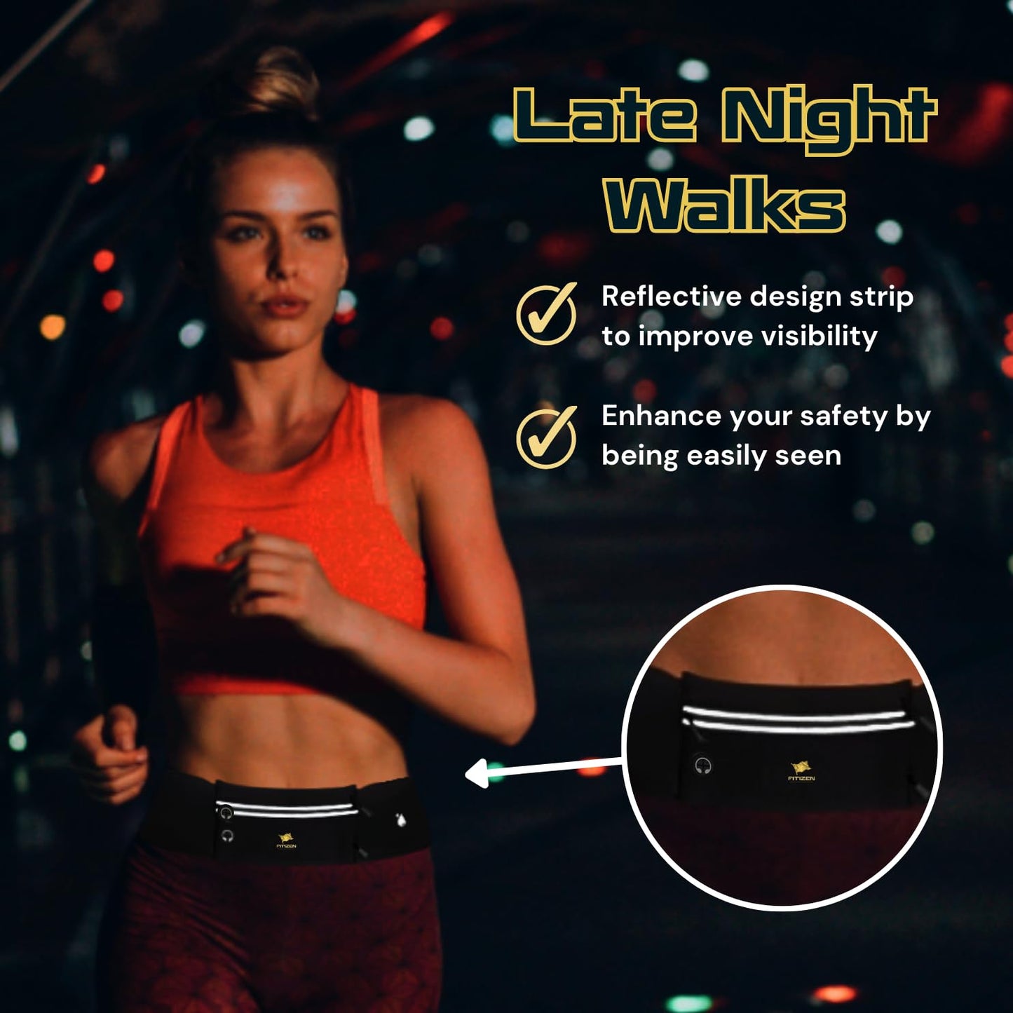 Fitizen Fanny Pack - 3 Pockets - Up To 36 In Waist - Slim Walking Belt For Men & Women Hiking Cycling Workouts Running & Travel - Reflective Pocket & Phone Belt Holder for the Fit Citizen By Fitnation