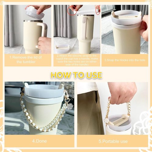 DLDXGXNR Pearl Cup Strap Fits Most 8-40 oz Bottles Pearl Water Bottle Handle Strap Tumbler Carrier Leather Chain Strap Compatible with Stanley Cup Accessories(White)