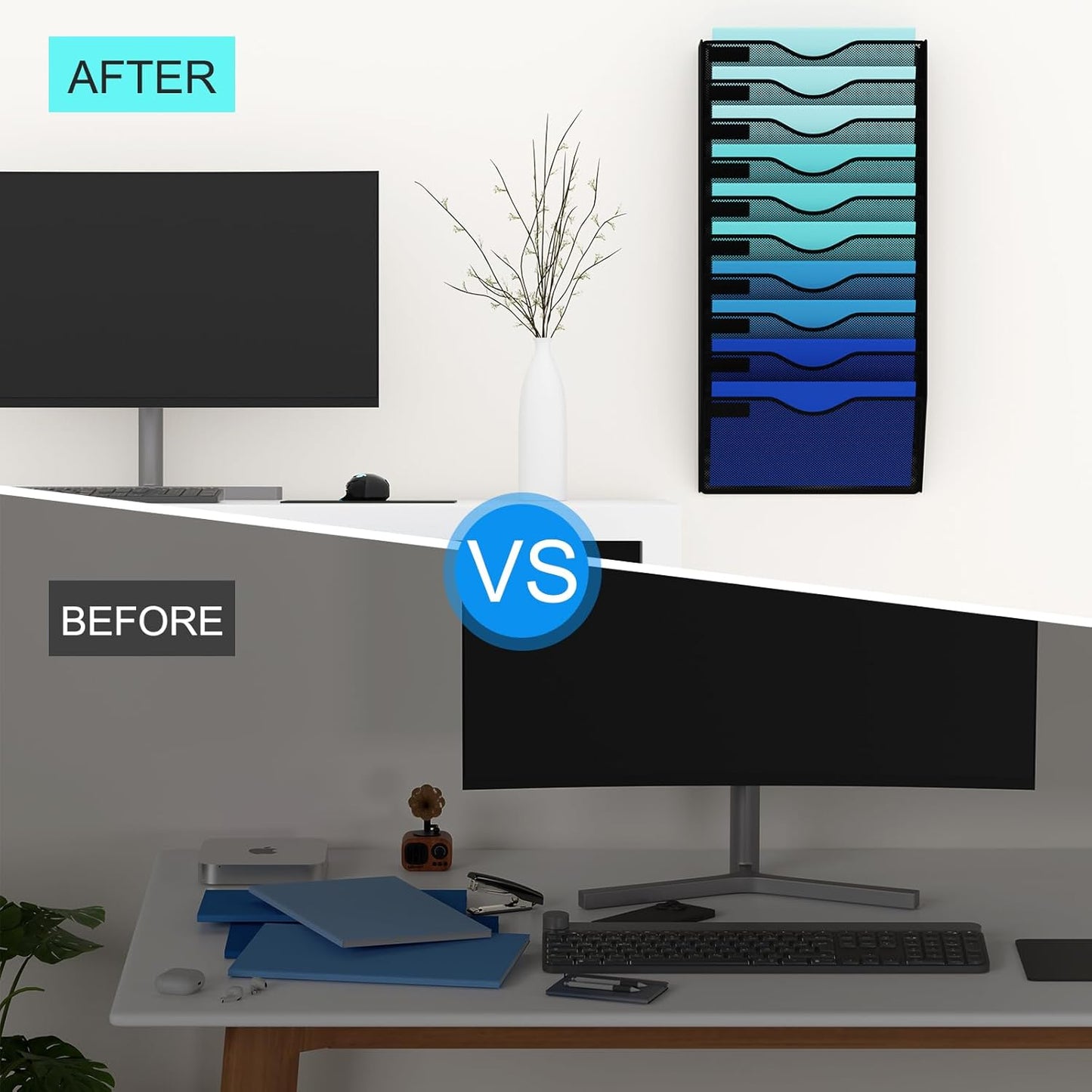 5 Pockets Mesh Hanging Wall File Holder Organizer Wall Mounted Paper Magazine Rack, Black