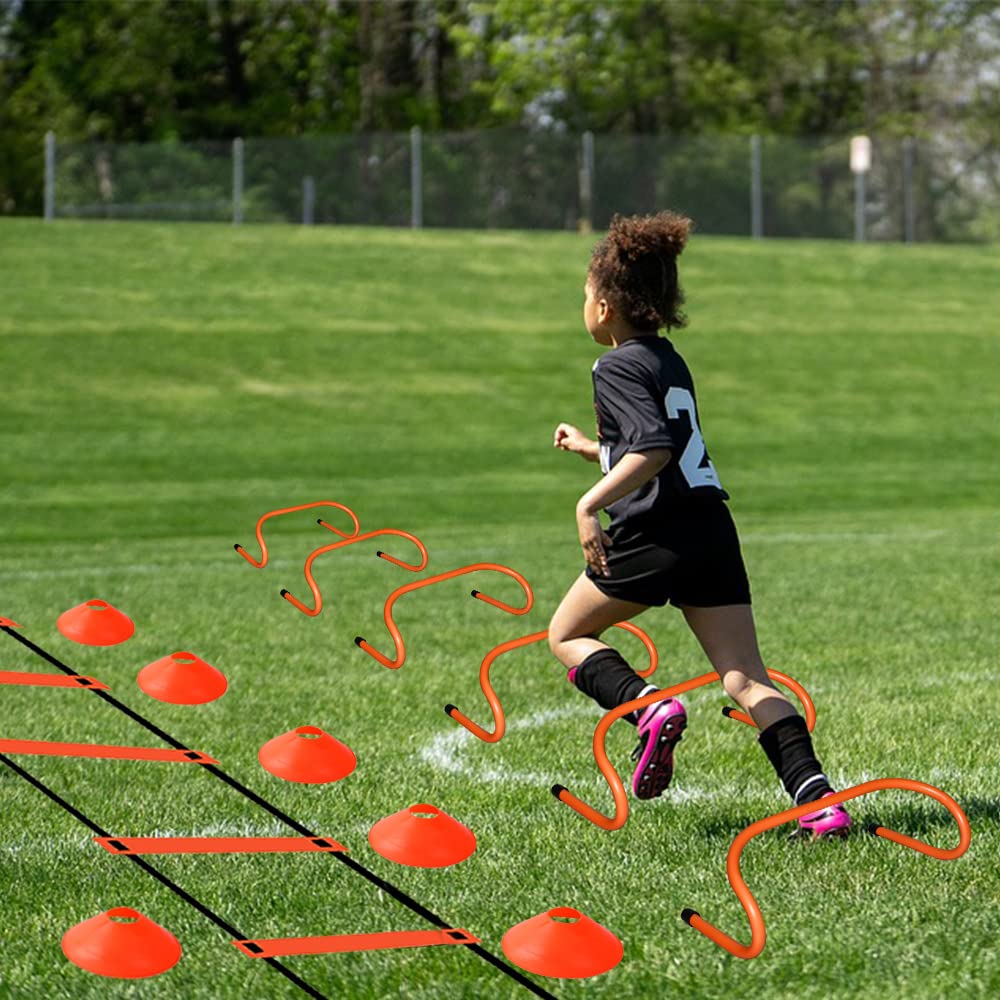 TNZMART Agility Ladder and Sport Hurdles Training Set with 10 Plastic Sport Cones Adjustable Ladder for Training (Orange，6 Hurdles)