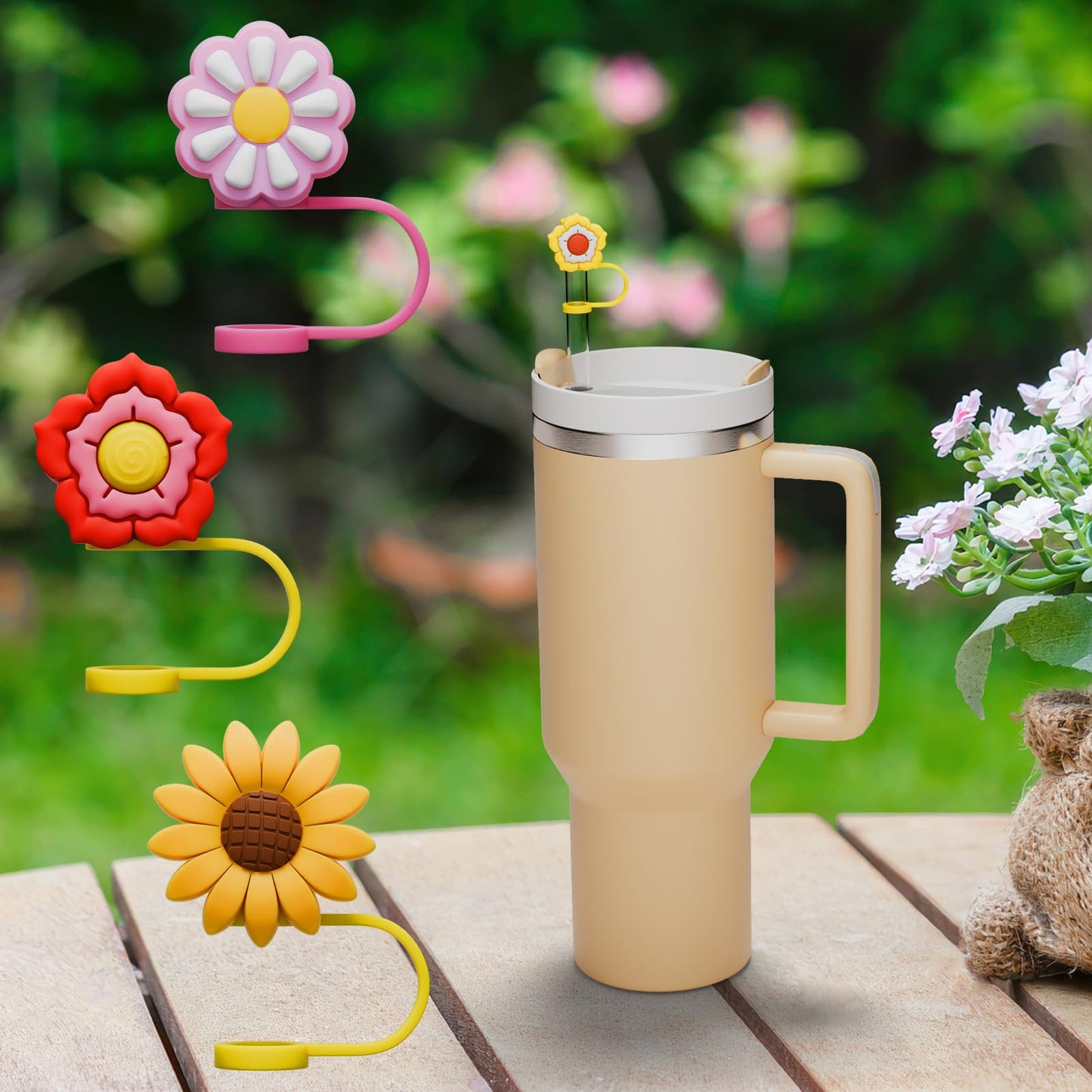 6 PCS Silicone Spill Stopper Set for Stanley Cup Straw Covers 30 oz / 40 oz Tumbler Leak Proof Drink Stoppers Silicone Straw Stopper Caps for Stanley Cup Accessories-Flower