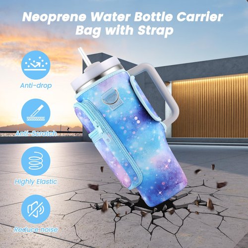 OUTXE Water Bottle Carrier Bag for 40oz Stanley Tumbler with Handle& Simple Modern, Water Bottle Holder with Adjustable Strap& Phone Pocket, Water Cup Pouch for Walking, Travel (Blue Starry Sky)