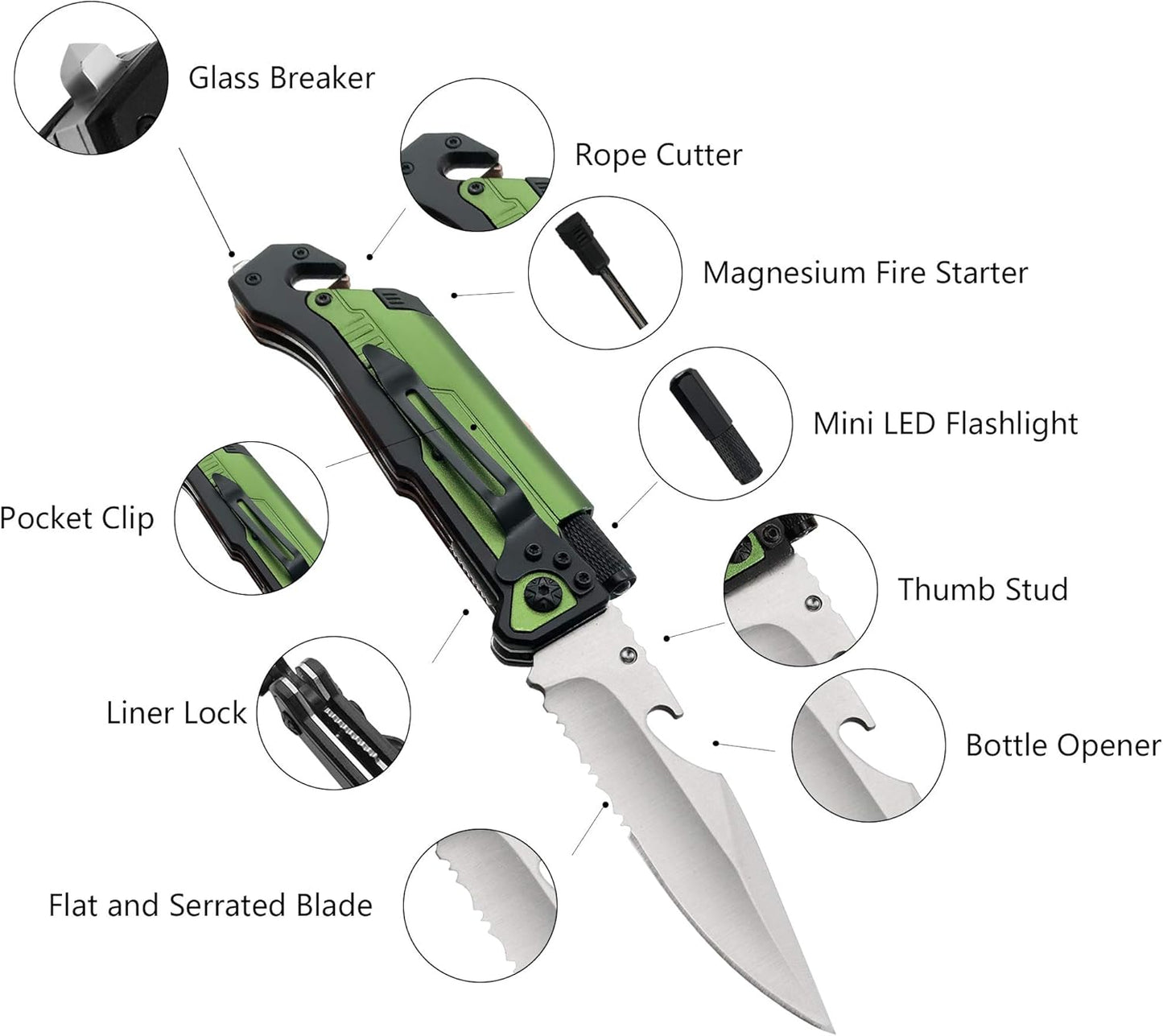 ALBATROSS 6-in-1 Survival Tactical Military Folding Pocket Knives with LED Light,Seatbelt Cutter,Glass Breaker,Magnesium Fire Starter,Bottle Opener;Multi-Function Emergency Tool(Black)
