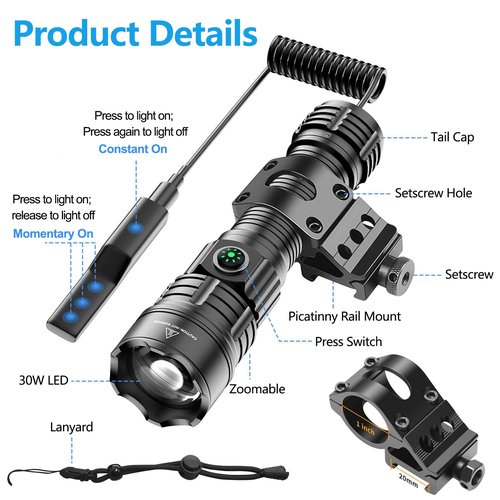 WINDFIRE Picatinny Tactical Flashlight Rechargeable LED Weapon Lights Super Bright 3 Modes 250 Yards Long Range Flashlights Rifle Light with Rail Mount, Remote Pressure Switch