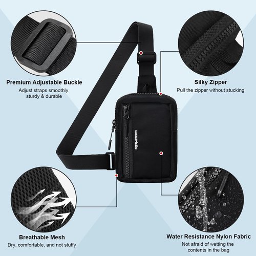 RDMODO Sling Bags for Men, Small Crossbody Bags for Women, Water Resistant Nylon Casual Chest Bag with Adjustable Strap, Lightweight Dual Pocket Shoulder Bag for Travel Walking Jogging (Black)