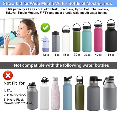 EIPOSAU Straw Lid for Wide Mouth 12 18 20 32 40 64oz Water Bottles, Replacement Straw Cap for Hydro Flask Wide Mouth, Lid with Straw Top Accessories, Black