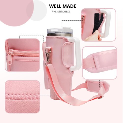 DCLMALL Water Cup Holder Bag with Pocket for Stanley 40oz Tumbler with Handle,Water Cup Carrier for Hiking Travelling Camping with Adjustable Shoulder Strap for Stanley Cup Accessories (pink)