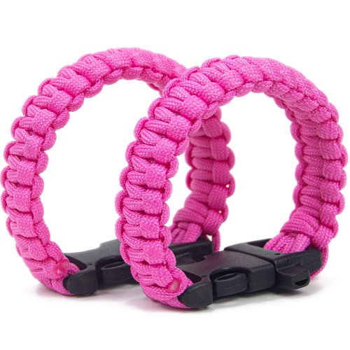 WildWave Paracord Survival Bracelets - Set of 2 - Easy To Open Clasp with Emergency Whistle Buckles (Pink)