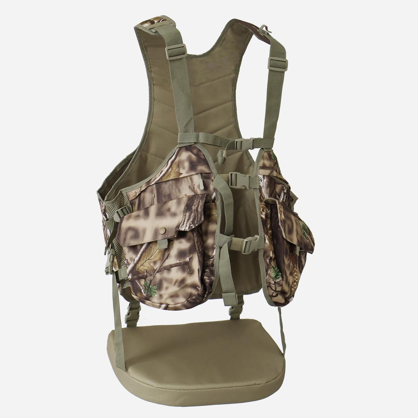 AUSCAMOTEK Camouflage Hunting Vest with Detachable Seat Cushion for Turkey Dove and Upland Bird Hunting - Woodland Autumn