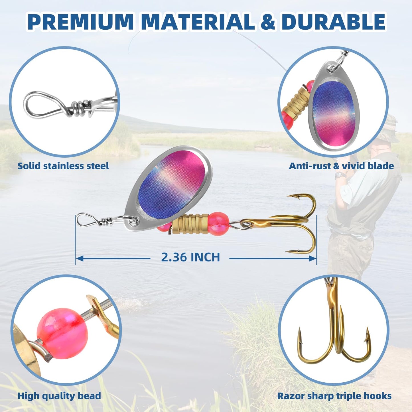 Fishing Lures Spinner Baits, 16 Pcs Hard Metal Spinner Baits for Bass Trout Salmon, Spinnerbait Spoons Kit with Triple Fishing Hooks, Fishing Gears for Freshwater Gift for Men