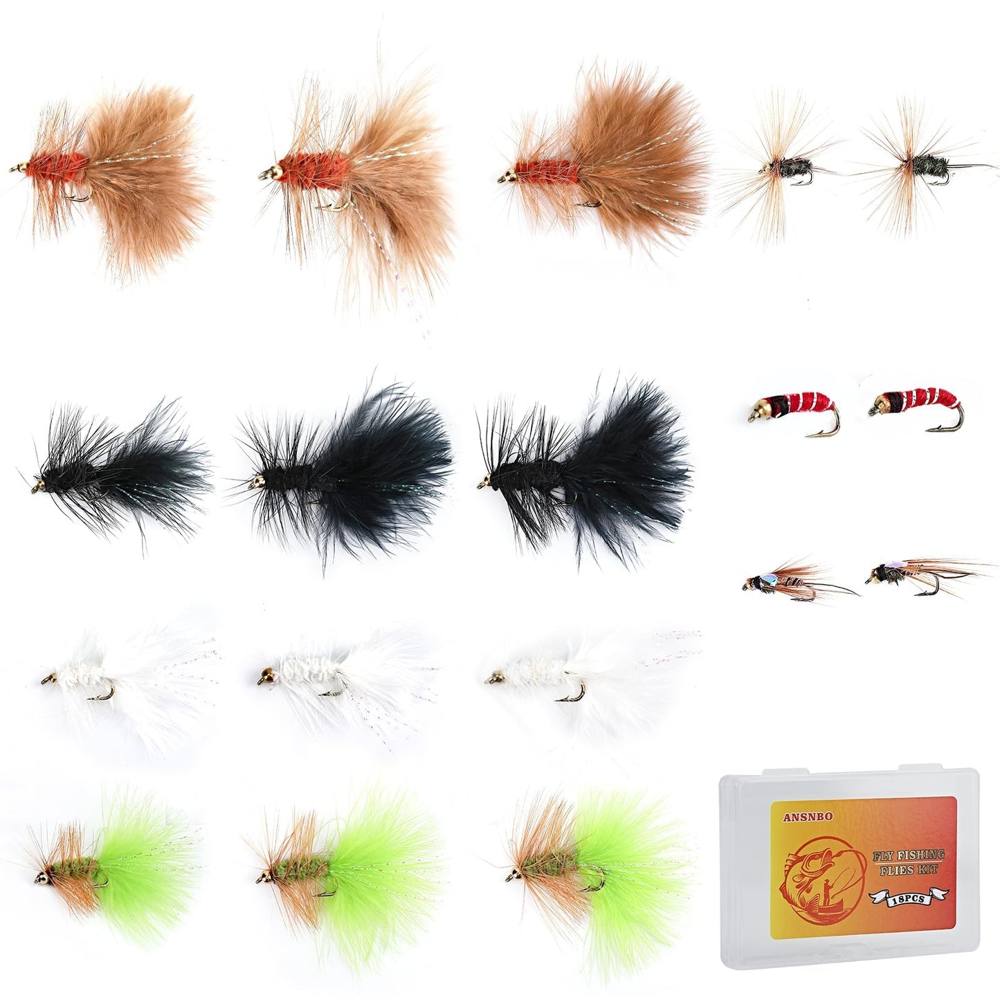 Ansnbo 18PCS Fly Fishing Flies Assortment, Hand Tied Woolly Bugger Flies for Trout Bass Flyfishing, Wet Nymphs Streamer Flies Fly Fishing Lures