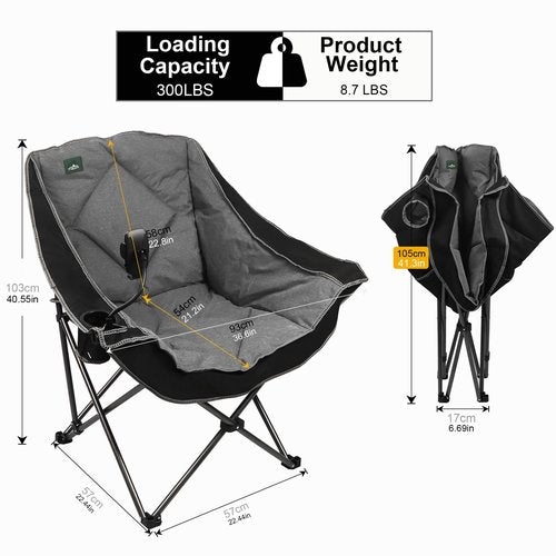 Northroad Oversized Foldable Camping Chair with Cell Phone Holder,Outdoor Padded Lawn Chair w/Cup Holder,Carry Bag for Beach, Hiking, and Picnics,Heavy-Duty 300-lbs Capacity, Black