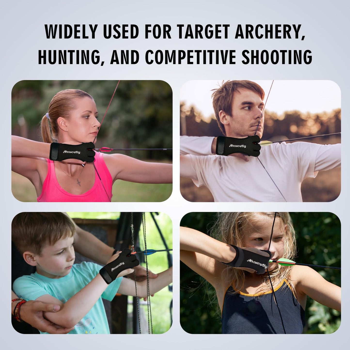 AHOSOUTLY Archery Glove Three Finger Leather Elasticity Archery Protective Gloves Archery Shooting Gloves for Adult and Kids,Protective Gear (Black, Medium)