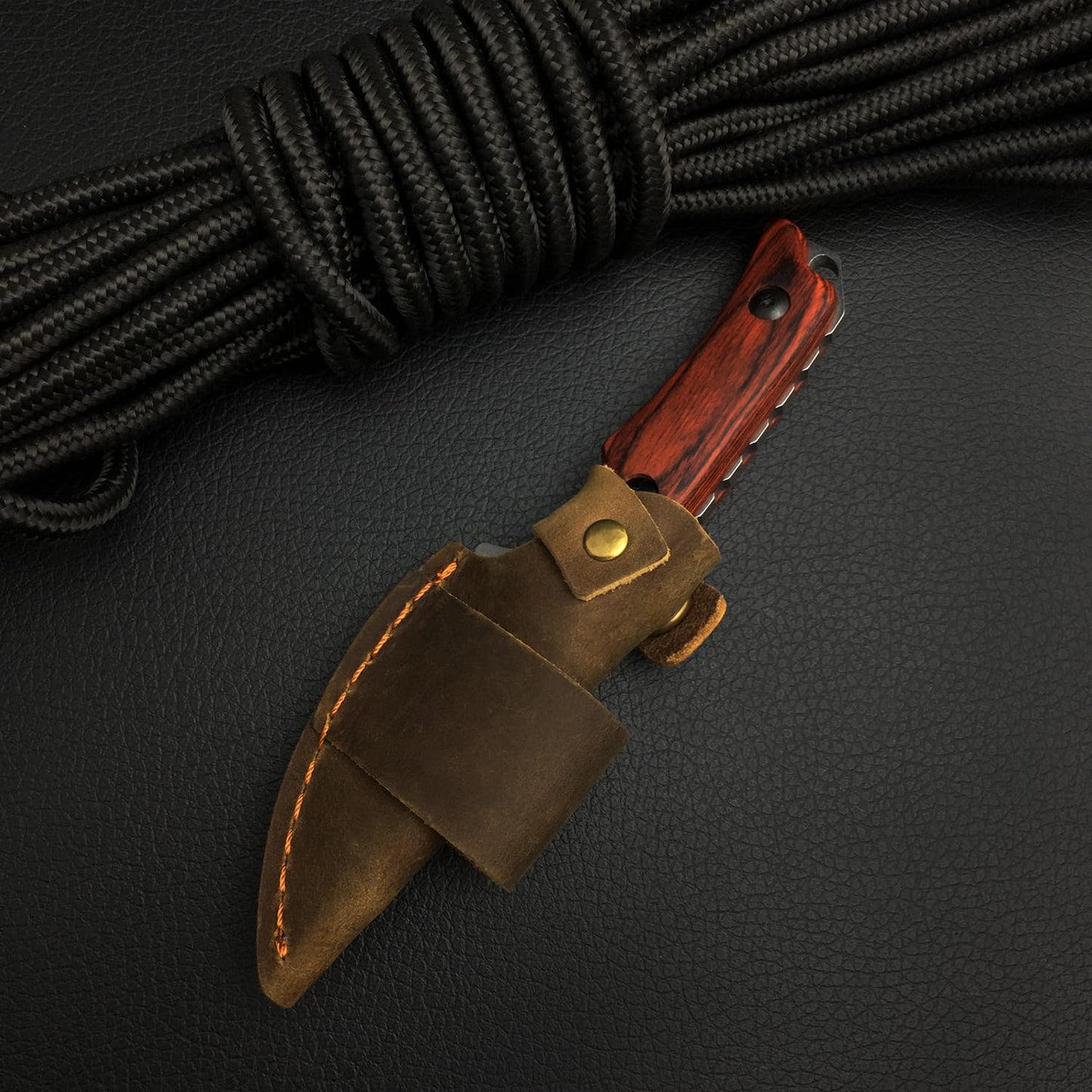 6.3 Inches Fixed Blade Knife with Leather Sheath, 8Cr13Mov Blade, Full Tang Wood Handle, EDC Camping Hunting Knife for Men
