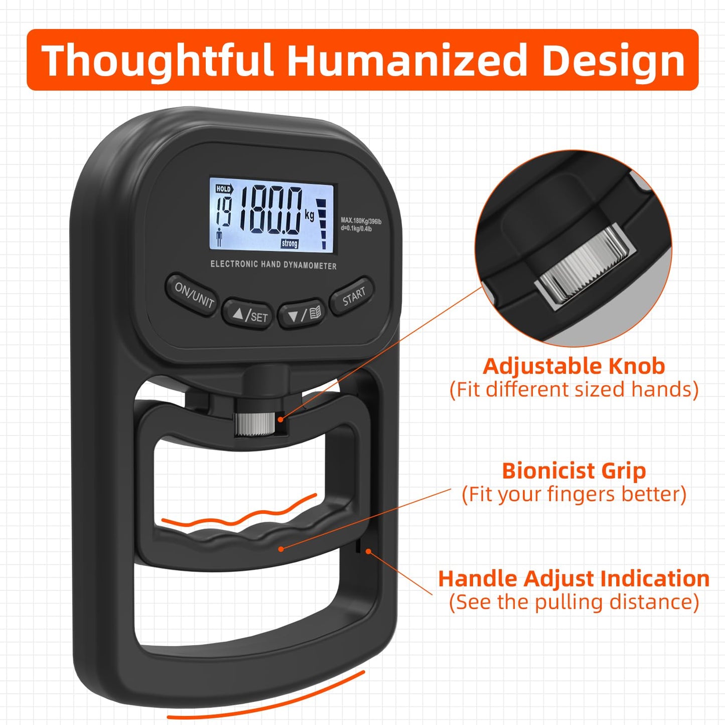 inaepeak 396lbs / 180kg Grip Strength Tester, Rechargeable Electronic Hand Dynamometer, Digital Grip Strength Tester with LCD Display, Adjustable Hand Grip Dynamometer Hand Exercisers for Strength