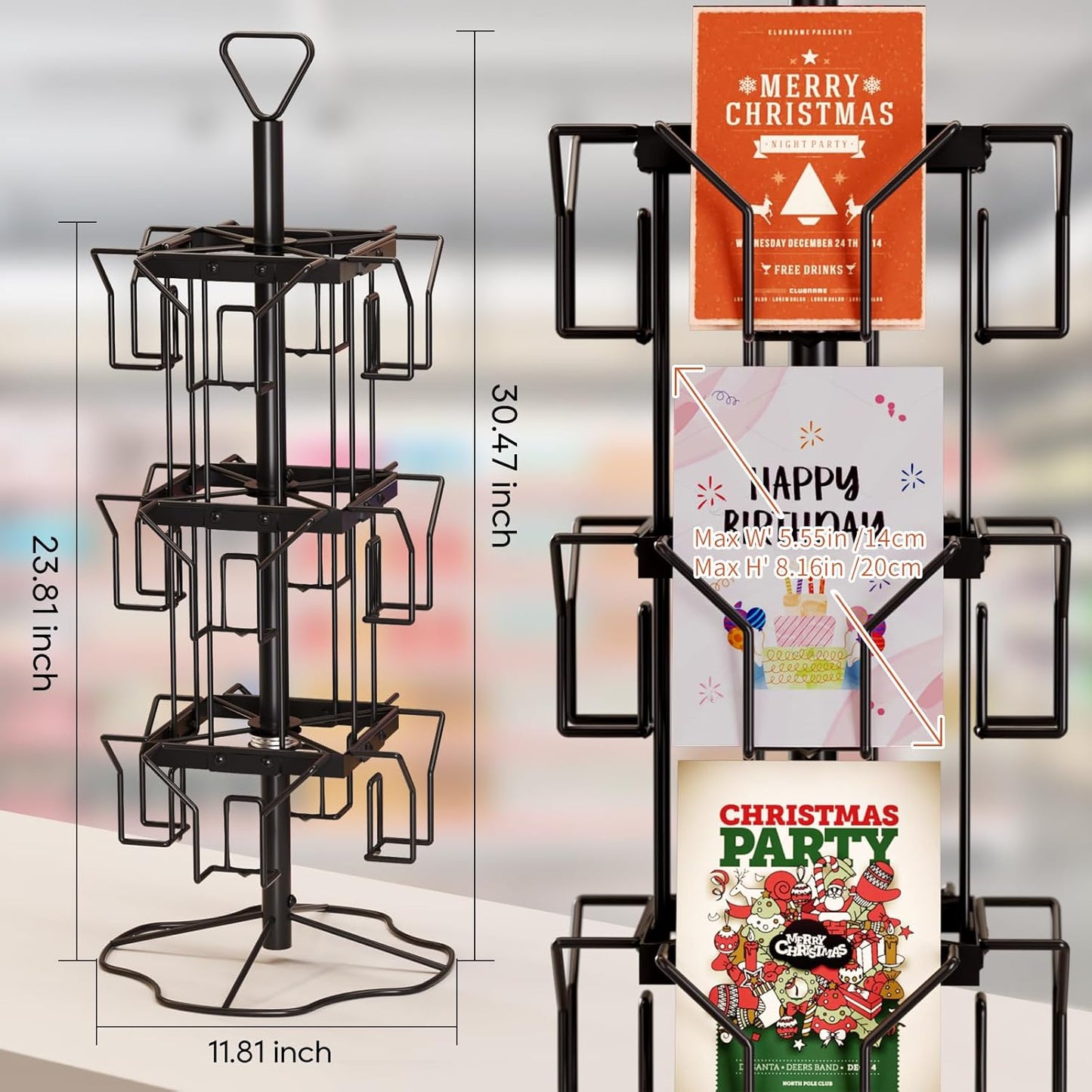 ORLESS Greeting Card Rack Display Stand, 3 Tier Rotating Card Holder Display Retail, 12 Pocket Metal Postcard Holder Display Stand, Greeting Card Holder for Postcards, Brochures, Stickers, Showcase(Black)