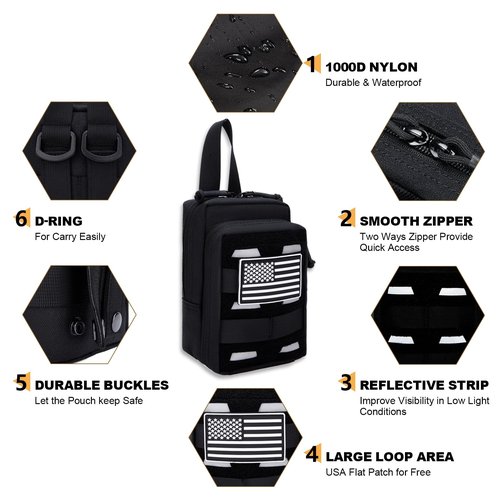 Tactical Reflective Molle Admin Pouch, Molle General Purpose Pouch EDC Molle Utility Tool Pouch Organizer Bag Modular Pouches Cummerbund Belt Pouch with Patch (1 pcs Vertical Black with Patch)