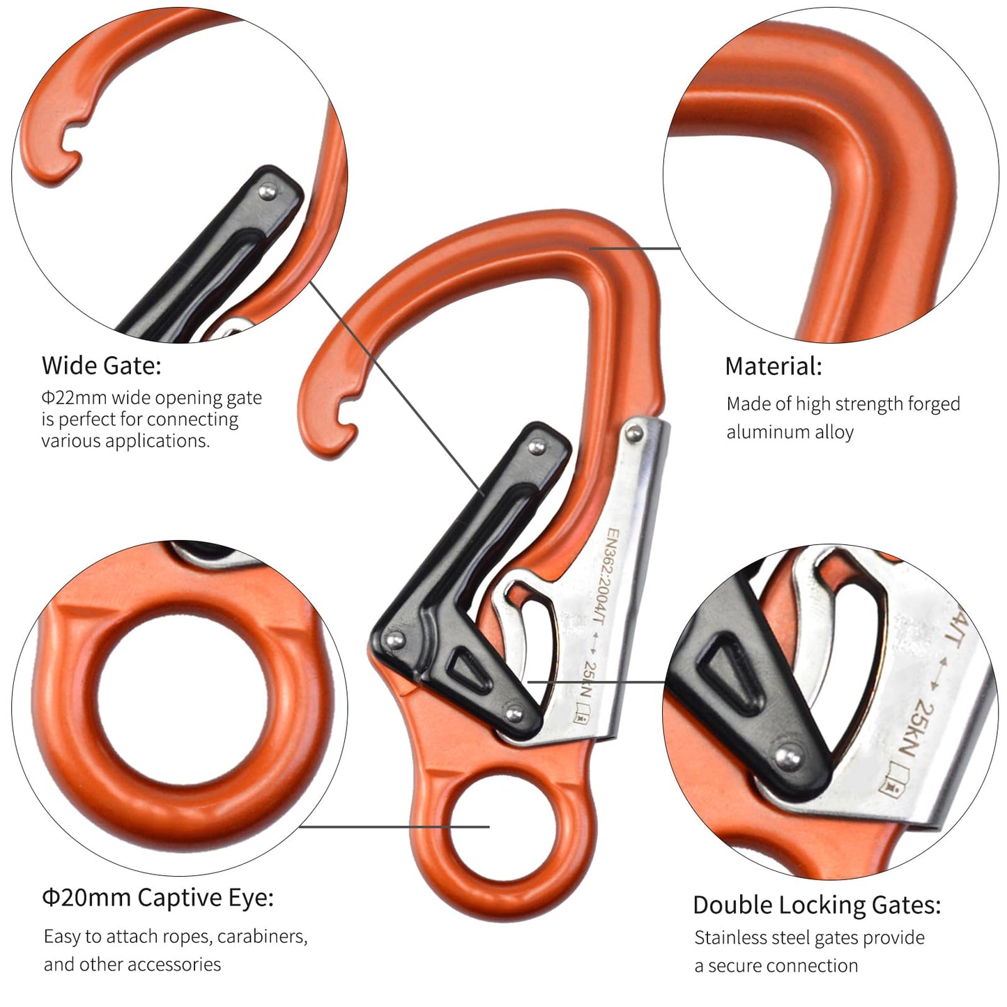 S.E.PEAK 25kN Aluminum Snap Hook, Lightweight Double Lock Captive Eye Forged Hook Clip, Rescue Gear Equipment for Climbing, Tree Work
