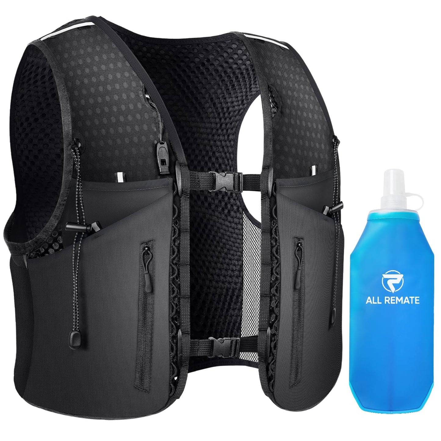 ALL REMATE All-in-One Multi Sport Running Vest including Water Bottle, Whistle, 11 Pockets & 6 Straps – Ergonomic Lightweight Reflective Gear