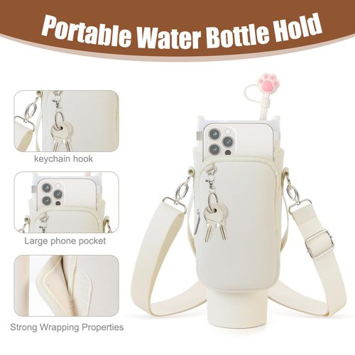 Stanley 40 oz Water Bottle Carrier Bag with Phone Pocket, Tumbler Neoprene Water Bottle Holder Pouch with Adjustable Strap, Stanley Cup Accessories for Hiking Travelling Camping(Offwhite)