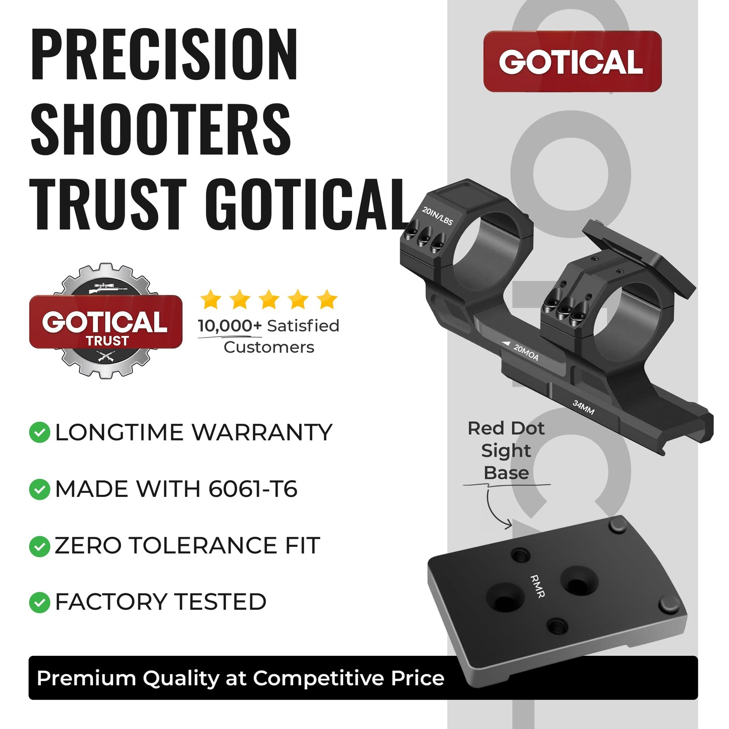 Gotical Tactical 34mm Tube 20MOA One Piece Ring Mount w/10:30, 12 o'clock, 1:30 Top Optic RMR Mount Plate, 1.57" Central Height, for 20mm Picatinny Rail