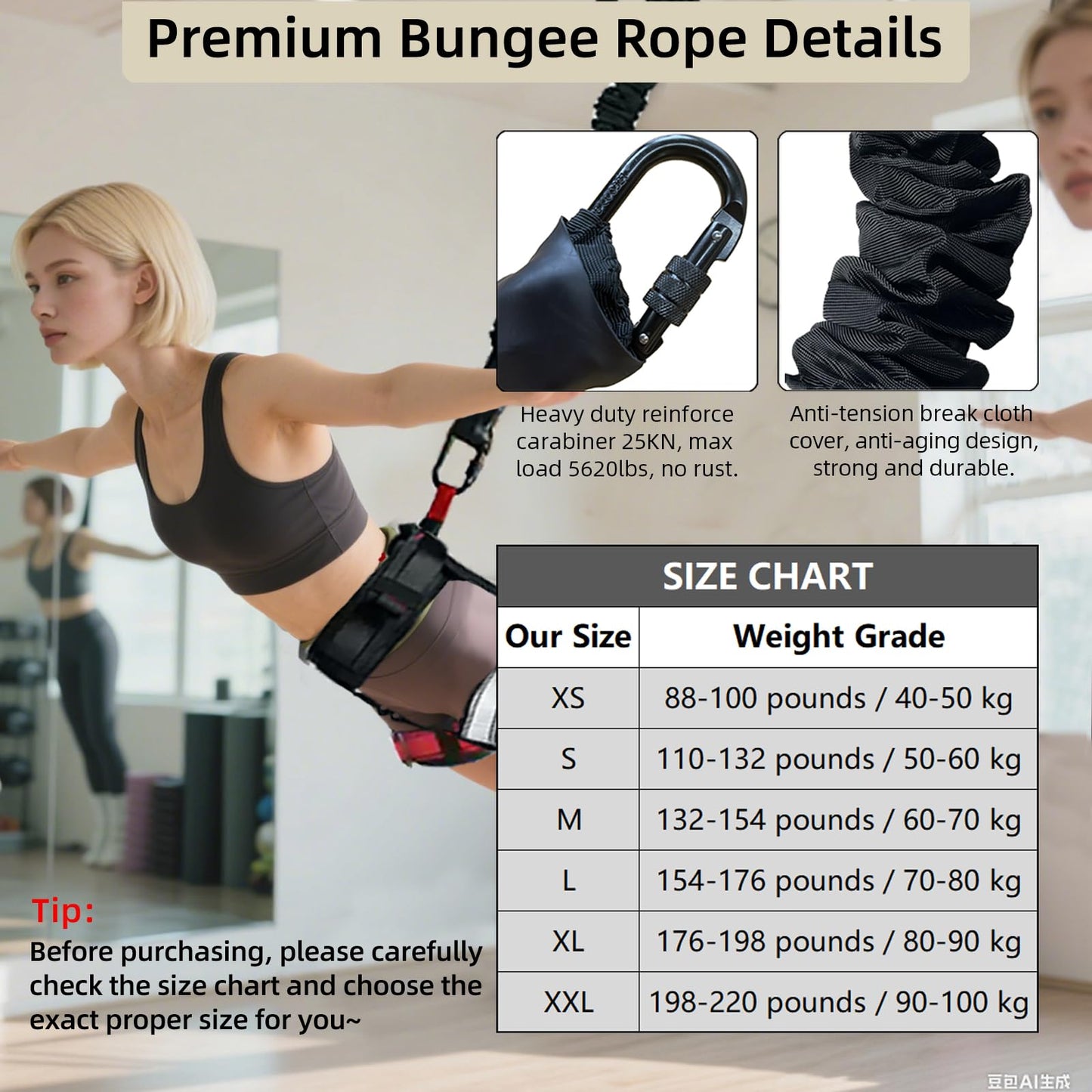 PRIORMAN Bungee Fitness Set, Heavy Resistance Band Set, Professional 4D Yoga Bungee Rope Workout Equipment W/6 Sizes, for Home Gym Training & Fitness(Not for Extreme Sports)(M 132-154 lbs)