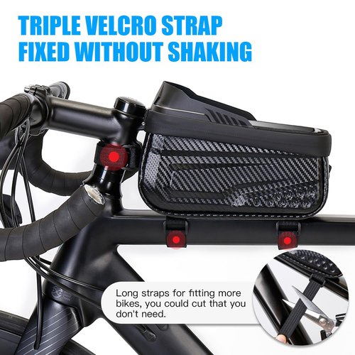LLTTLTMM Waterproof Bike Bag, Long Extension Strap, Top Tube Bag Under 6.9'', Large Capacity, Touch Screen Compatible