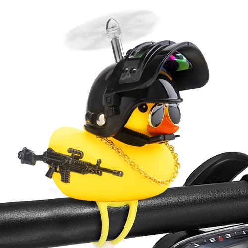 wonuu Rubber Duck Bike Bell, Squeeze Ducks with Helmet for Cycling Car Dashboard Decorations Motorcycle Bicycle Accessories (Silver-Black)