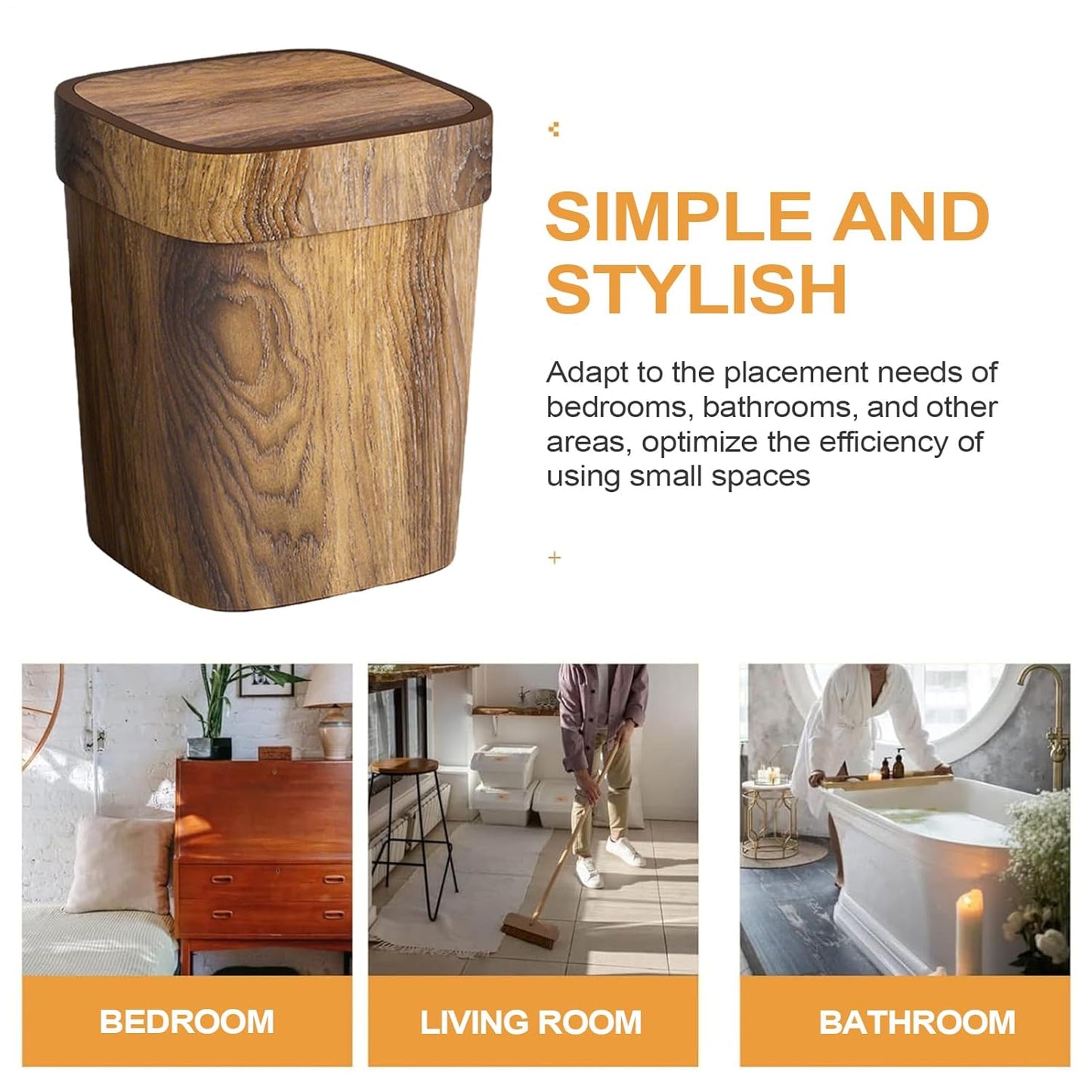 Wood Trash Can - Rectangle Toilet Garbage Bin | Wood Bathroom Accessories, 12L Odor-Proof Trash Can with Swing Lid for Kitchen Laundry Room Under Sink Storage Farmhouse Apartment Living