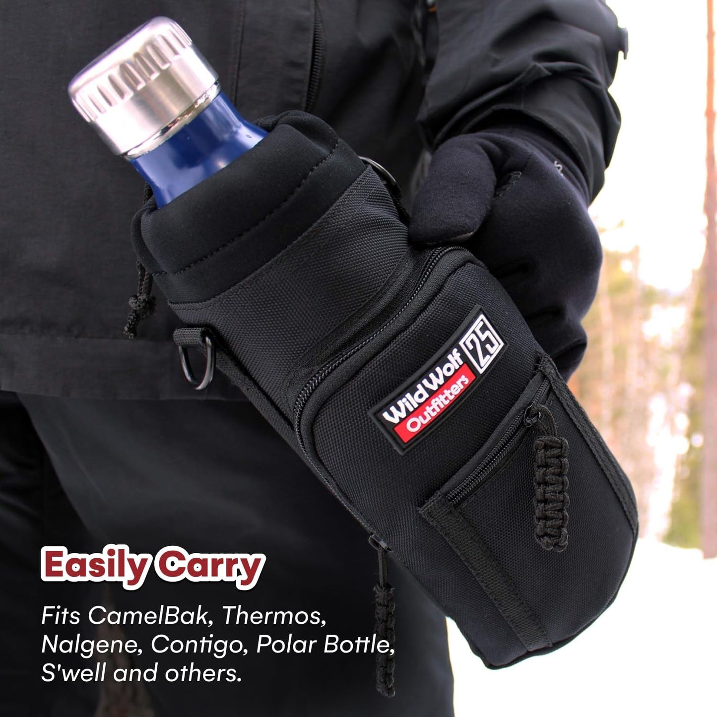 Wild Wolf Outfitters - #1 Best Water Bottle Holder for 25 oz Bottles - Carry, Protect and Insulate Your Flask with This Military Grade Carrier w/ 2 Pockets and an Adjustable Padded Shoulder Strap.