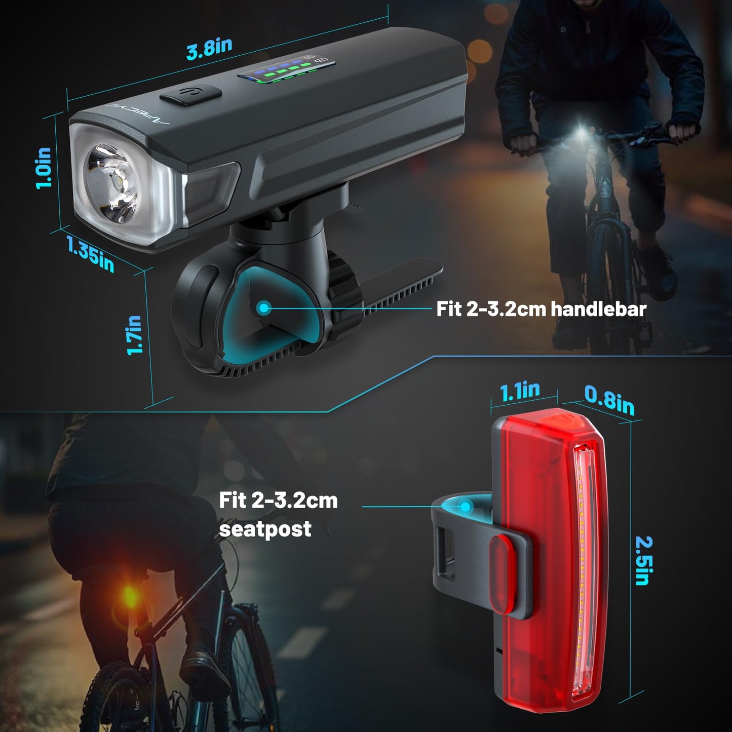 APECYC Bike Lights for Night Riding, Bicycle Front Headlight and Back Taillight with 4+5 Light Modes, USB Rechargeable Bright Bike Headlights for Cyclists and Commuters