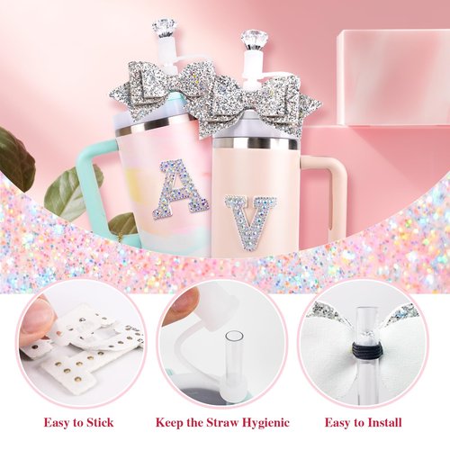 Lingdeer Water Bottle Accessories Set for Stanley Cup 30&40Oz, Bling Letter Charms, Diamond Straw Cover, Glitter Silicone Boot, Personalized Sticker, Bow Straw Topper for Stanley Cup Accessories (M)
