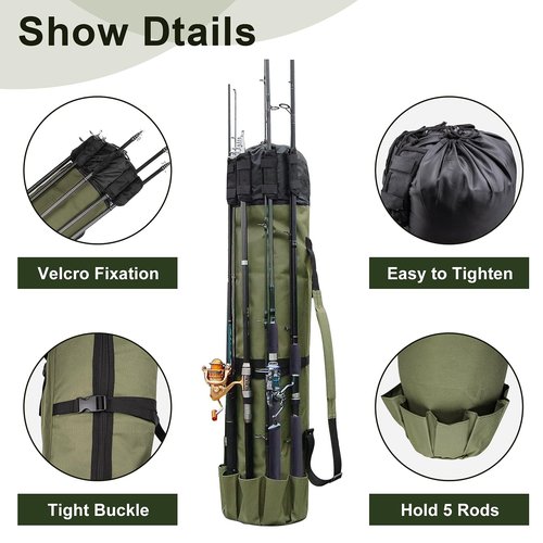 ReeMoo Fishing Rod Bag Fishing Rod Case Portable foldable Fishing Pole Bag Large Capacity Fishing Rods and Tackles Storage Bag Holds 5 Poles