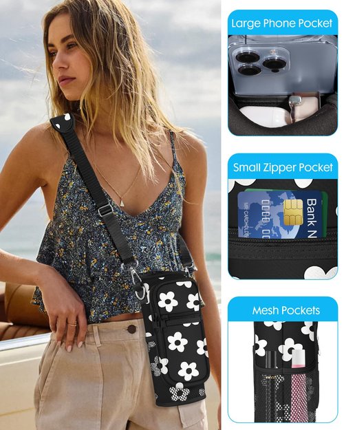 Toykee Under 32 oz Water Bottle Holder Bag with Strap - Crossbody & Woven Handle Sling for Carrier Walking with Phone Pocket Black White Flower