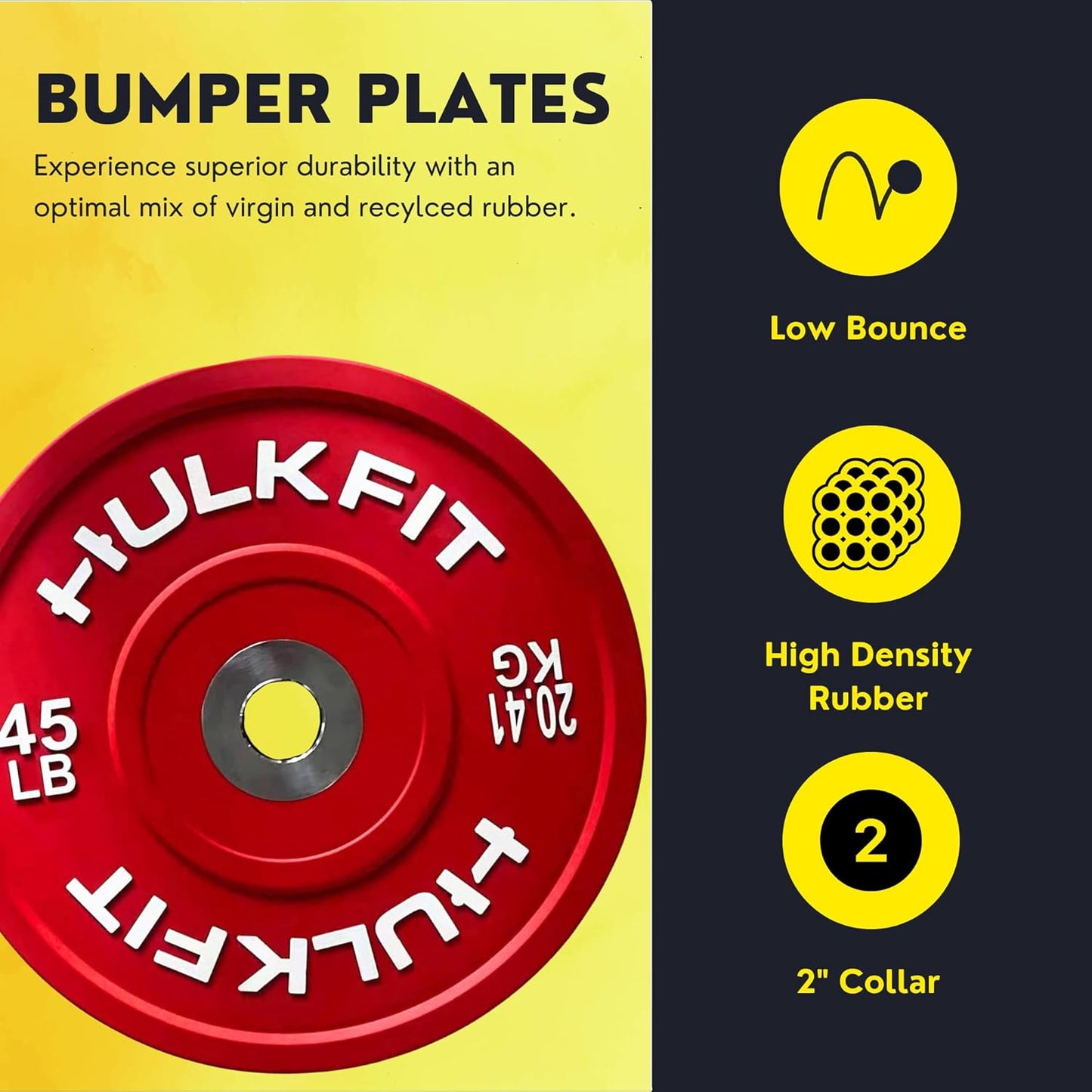 HulkFit 2-inch Sport Series Olympic Weight Plates Bumper Plates for Barbell Weightlifting Strength Training with Shock Absorbing Low Bounce Technology - Black & Multicolor