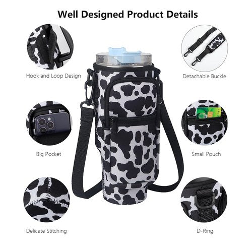 Yitco Water Bottle Carrier Bag Compatible with Stanley 40 oz Tumbler with Handle, Water Bottle Pouch for Stanley Cup Accessories with Adjustable Strap for Walking Running Travelling Camping, Leopard