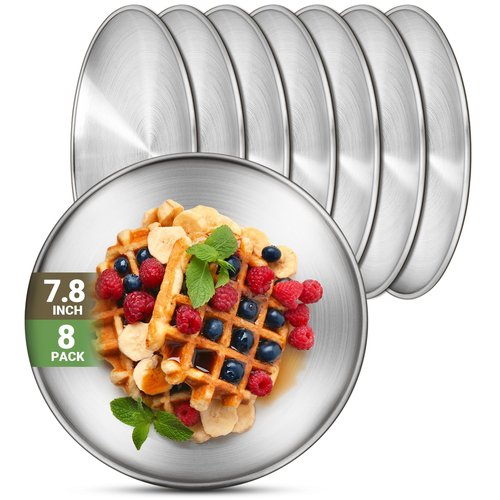 Offiper 8 Stainless Steel Plates, 7.8 inch 304(18/8) Metal Camping Plate, Reusable Food Serving Dish Snack Eating Dishes Round Shatterproof Plate Silver Dinnerware for BBQ Dinner Oven Dishwasher Safe