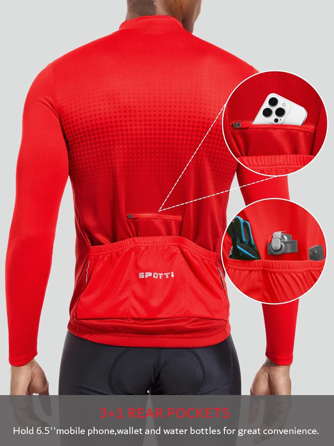 Spotti Men's Cycling Bike Jersey Long Sleeve with 3 Rear Pockets - Moisture Wicking, Breathable, Quick Dry Biking Shirt