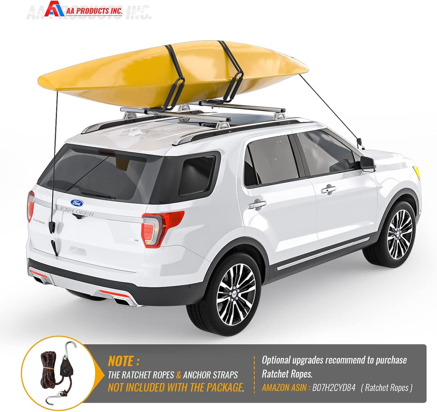 AA-Racks J-Bar Rack Roof Top Mount with 16 Ft Ratchet Lashing Straps, Folding Carrier for Your Canoe, SUP and Kayaks on SUV Car Truck