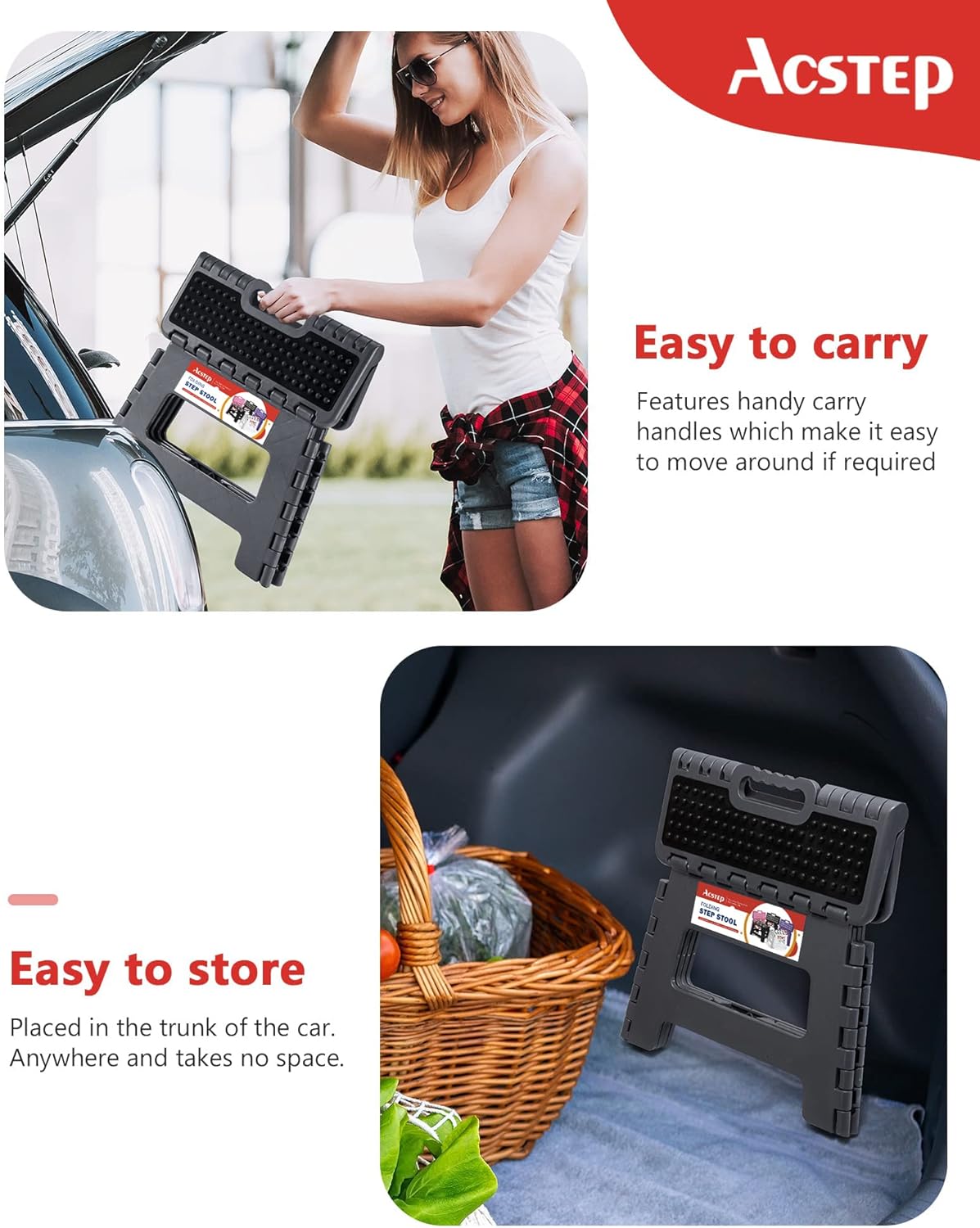 ACSTEP Folding Step Stool Foldable Stool 7.5 Inch Height Kids Step Stool, 300 lb Capacity Plastic Collapsible Stool, Stepping Stool with Handle Black Small Step Stool, Foot Stool Suitable for Kitchen